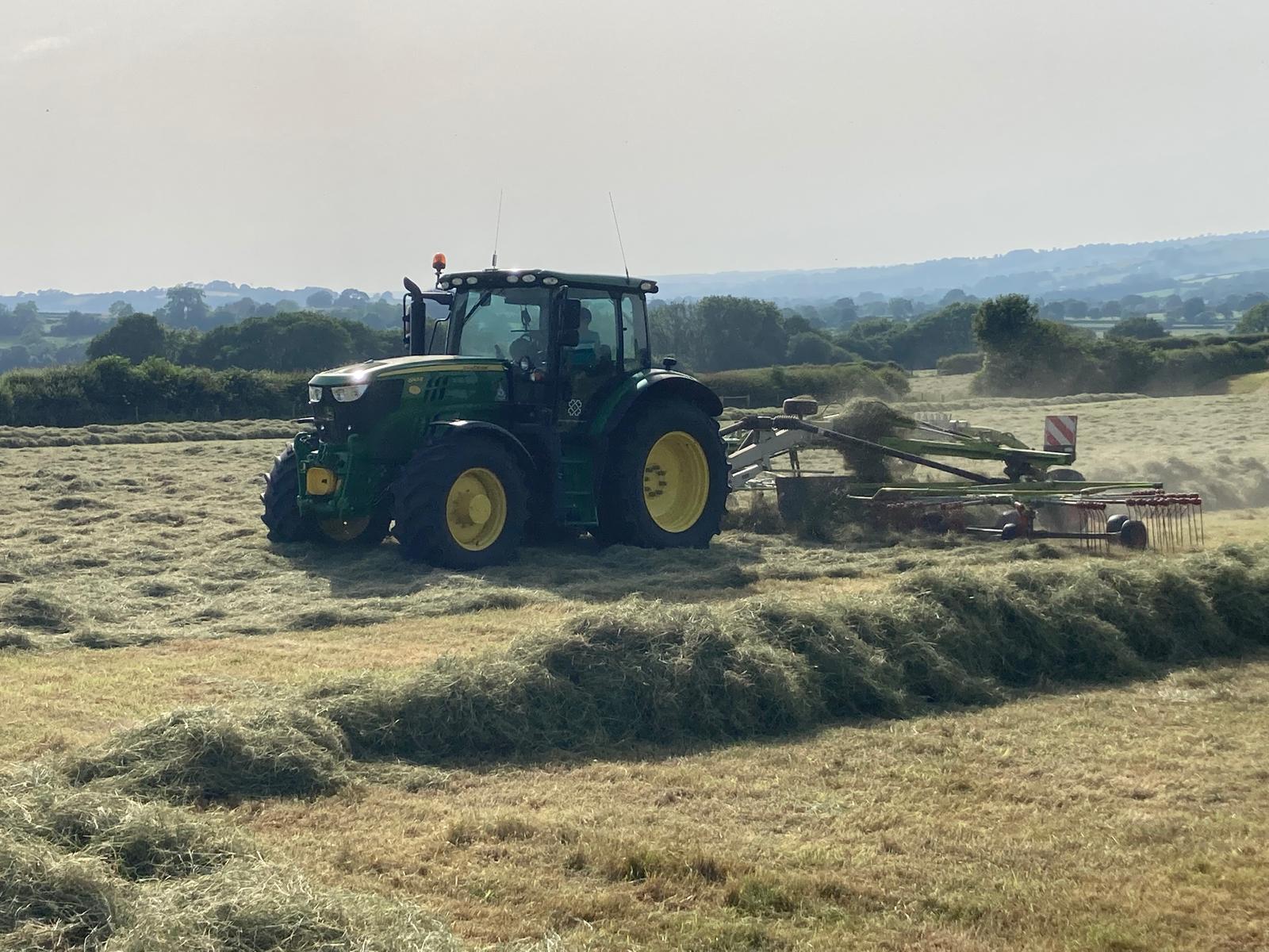 Chedington Tractor producing hay in a field